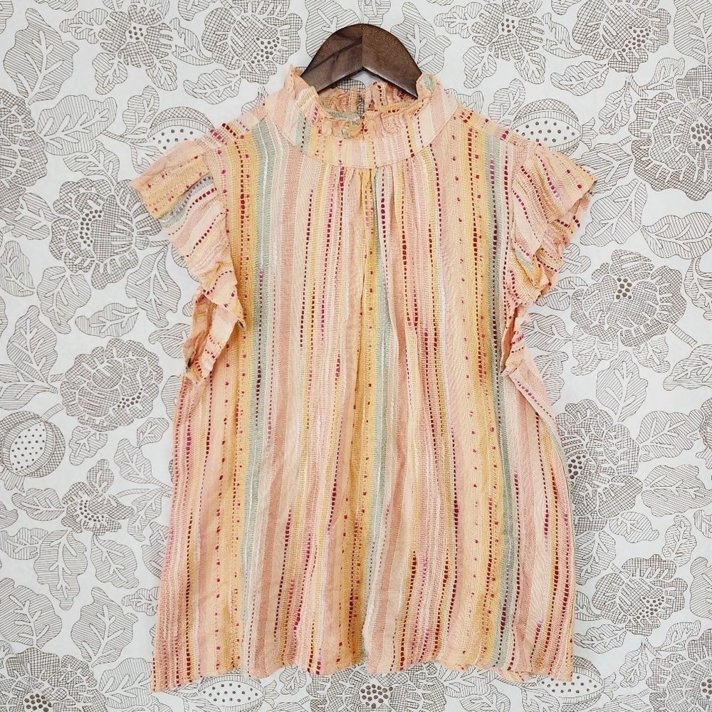 NWT Anthropologie THML Mock neck Ruffle Short sleeve Stripped Tank top S